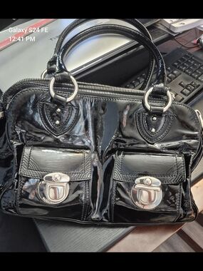 Marc Jacobs Iconic Black Patent Leather Satchel with Front Pockets